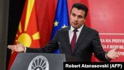 Macedonian Prime Minister Zoran Zaev gives a press conference in Skopje on October 19.