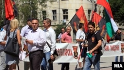 Macedonia - Protests in front of a joint session of Prime Ministers of Macedonia and Bulgaria, Nikola Gruevski and Plamen Oresharski, Kyustendil, Bulgaria.