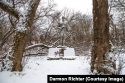 Krasne, Ukraine. A statue of a soldier with the dedication: “No one is forgotten, nothing is forgotten. Eternal glory to the soldier-villagers who died on the fronts of the Great Patriotic War. 1941-1945.” In the Soviet Union, World War II was known as the Great Patriotic War.