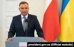 Президент Польщі Анджей Дуда під час спільної пресконференції з президентом України Володимиром Зеленським. Варшава, 31 серпня 2019 року