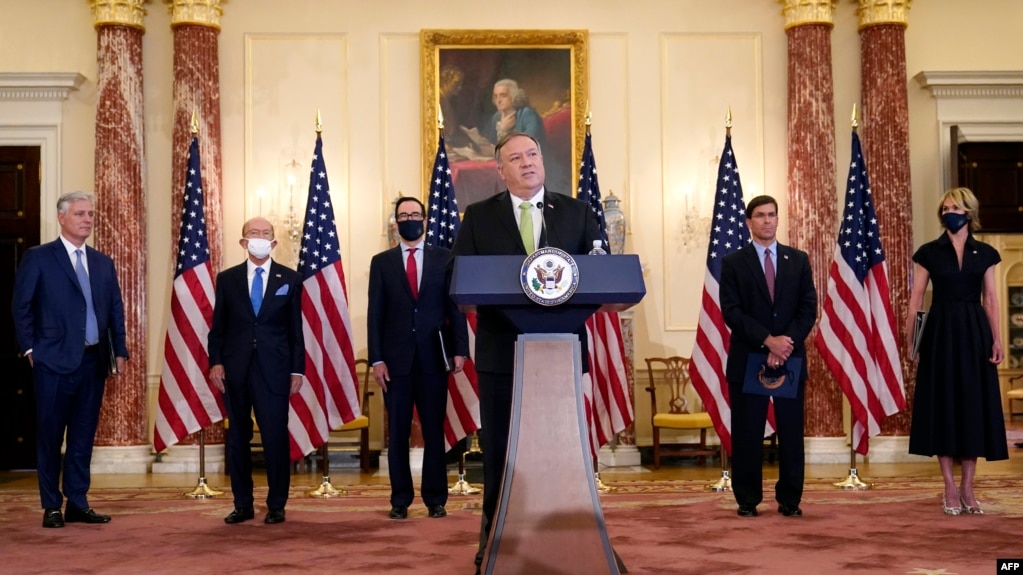 U.S. Secretary of State Mike Pompeo speaks during a news conference to announce the Trump administration's restoration of sanctions on Iran on September 21 at the State Department in Washington, D.C.