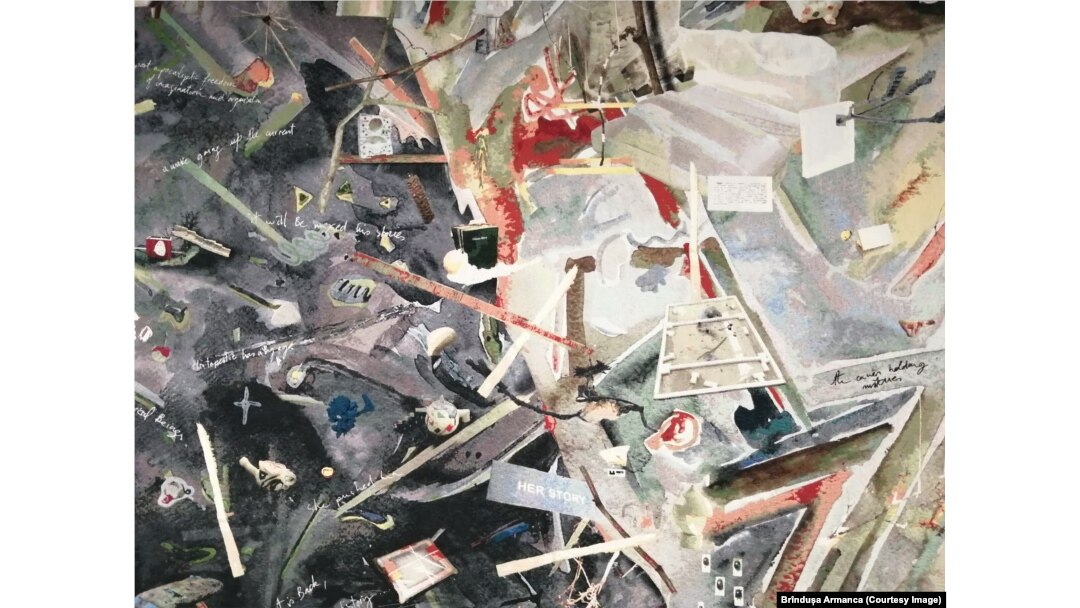 Fragment dintr-o tapiserie de mari dimensiuni a Laurei Prouvost din Franța din expoziția „Peisaj în oglindă convexă".