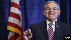 Senator Robert Menendez speaks in Newark, New Jersey, on April 1