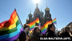 RUSSIA -- Gay rights activists march in Russia's second city of St. Petersburg May 1, 2013