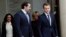 Lebanon's Prime Minister Saad Hariri (center) and his wife, Lara (left), leave after a lunch with French President Emmanuel Macron (right) and his wife, Brigitte (second from right), at the Elysee Palace in Paris on November 18.