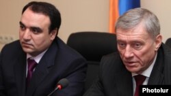 Armenia - National Security Council Secretary Artur Baghdasarian (L) and CSTO Secretary General Nikolay Bordyuzha at a joint news conference in Yerevan, 12Mar2012.