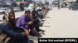 شماری از کارگران برای دریافت کار روزمزد در یکی از جاده های شهر جلال آباد در قطار نشسته اند. 