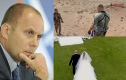 Eduard Bendersky (left) in 2012, (top right) on a Russian TV program Wild TV, and in the wedding video