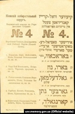 Список кандидатів до Установчих зборів від Єврейської соціал-демократичної партії (Поалей-Ціон), яка за ініціативою Соломона Ґольдельмана першою з неукраїнських партій визнала Українську Центральну Раду