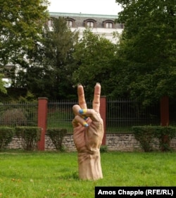 A protest sculpture by Jan Slovencik outside the Russian embassy in Prague that was installed on Ukraine’s Independence Day, on August 24, 2022.