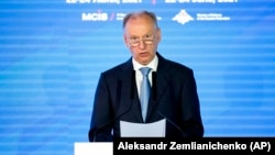 Security Council Secretary Nikolai Patrushev delivers a speech at a security conference in Moscow in June 2021.