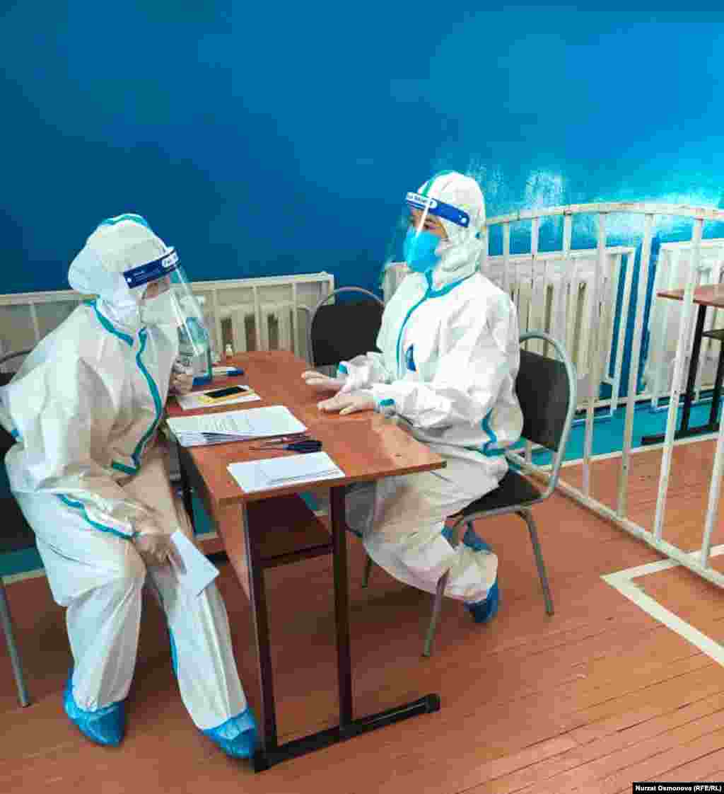 Medical staff at a school in the Dordoy district of Kyrgyzstan&#39;s capital, Bishkek.&nbsp;