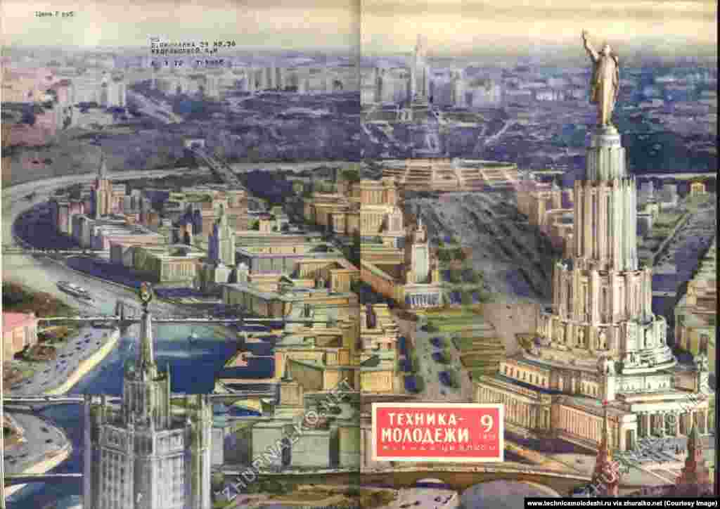 Moscow as sketched by a Soviet soothsayer in 1952. Construction of the building on right began in the 1930s after an iconic church was blasted into rubble to make way. But the planned 415-meter &ldquo;Palace of the Soviets&rdquo; was scrapped when World War II broke out. The church has since been rebuilt on the site.