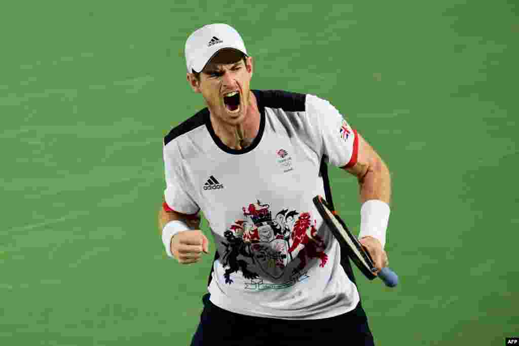 Britain's Andy Murray reacts after winning a point against Argentina's Juan Martin Del Potro during the men's singles tennis final. Murray took home the gold medal. 