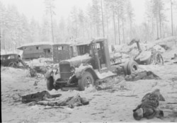 Dead Soviet soldiers and vehicles riddled with bullet holes in February 1940.