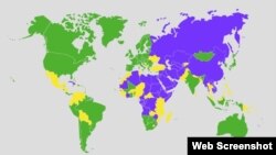 Mapa FH o slobodama u svijetu u 2012. godini (ljubičasta boja - neslobodne, žuta - djelomično slobodne, zelena - slobodne)