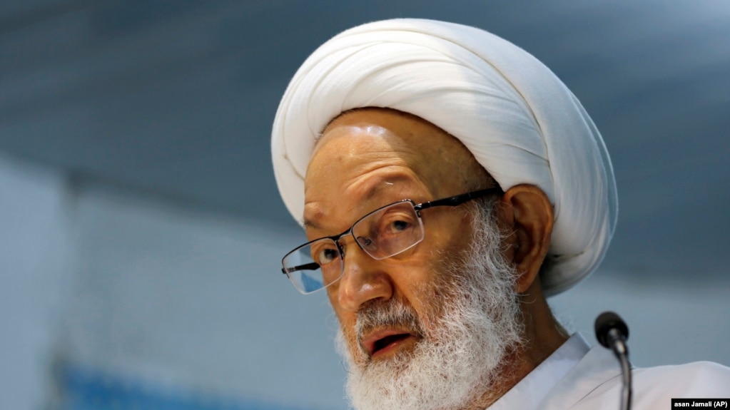 BAHRAIN -- Sheik Isa Qassim, speaks during midday prayers Friday, in the village of Diraz, November 21, 2014. File photo