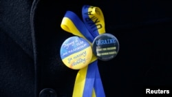 Значки в поддержку Украины на пиджаке участника акции протеста, проходившей в Лондоне во время встречи Сергея Лаврова с Джоном Керри