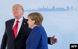 German Chancellor Angela Merkel (right) and U.S. President Donald Trump met for talks on the eve of the G20 summit in Hamburg on July 6.
