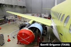 A Sukhoi Superjet 100 being assembled at the Gagarin Komsomolsk-on-Amur aircraft factory in 2019.