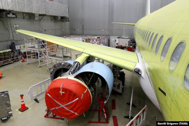 A Sukhoi Superjet 100 being assembled at the Gagarin Komsomolsk-on-Amur aircraft factory in 2019.