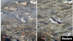 Зона, пострадавшая от цунами в префектуре Мияги. Слева фото, сделанное 12 марта 2011 года, справа - 3 марта 2012.