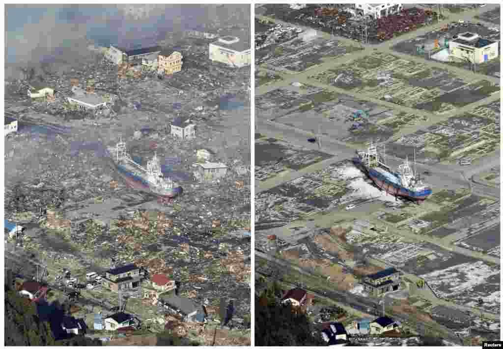 On the left, an aerial view of a tsunami-devastated area in Kesennuma on March 12, 2011, and on the right, on March 3, 2012