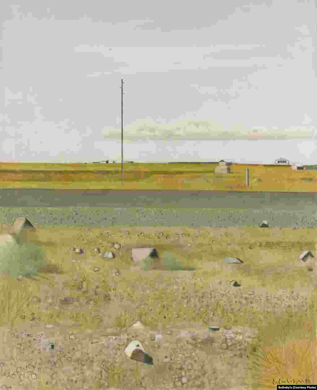 “The Road’s End,” a 1997 painting by Armenian artist Hakob Hakobyan (b. 1923). The piece, noted for its precise but muted palette of yellows and browns, is considered one of the highlights of the Sotheby’s exhibit.