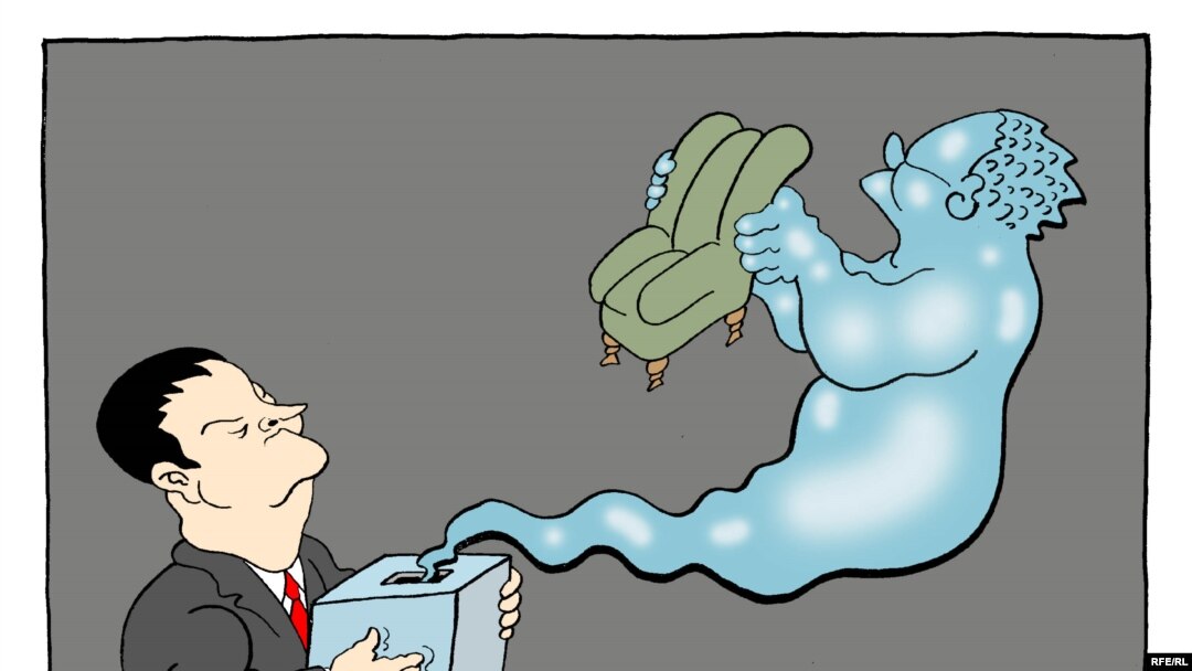Political cartoonist CORAX has Dacic rubbing Aladdin's lamp, wishing for high office, only to conjure up the genie of Milosevic.