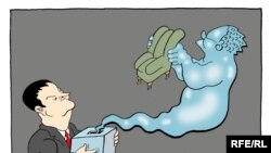 Political cartoonist CORAX has Dacic rubbing Aladdin's lamp, wishing for high office, only to conjure up the genie of Milosevic.