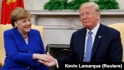 U.S. President Donald Trump meets with German Chancellor Angela Merkel in the White House on April 27