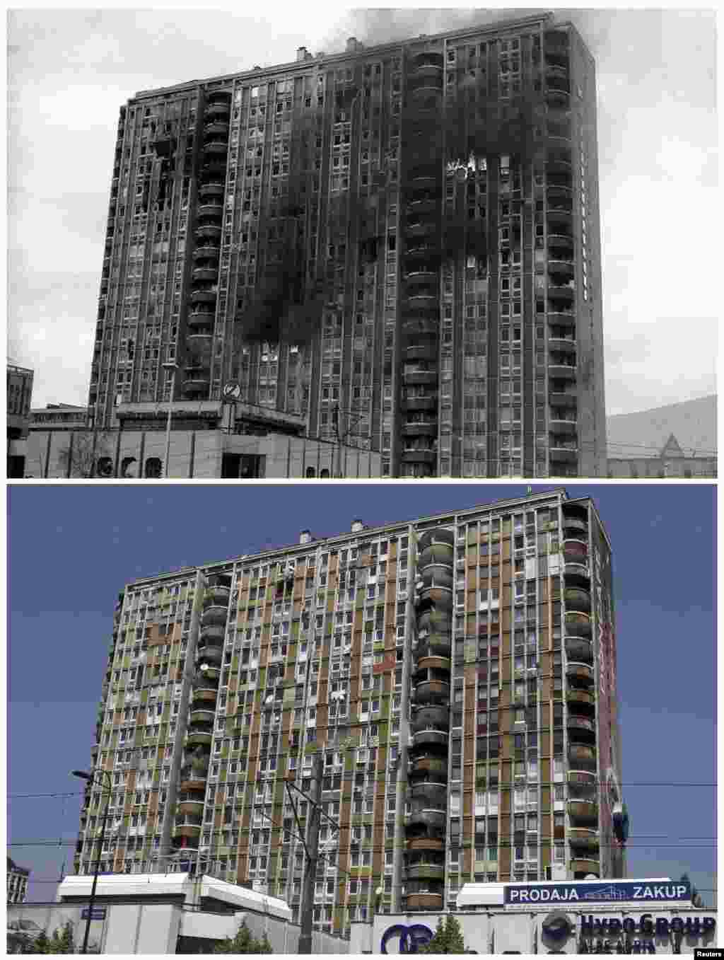 A building burning after being shelled in the Pofalici district in Sarajevo in April 1992. The same building pictured on May 30, 2011.