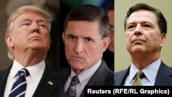 Președintele Donald Trump, fostul consilier pe probleme de securitate națională al Casei Albe, Michael Flynn și fostul director FBI, James Comey