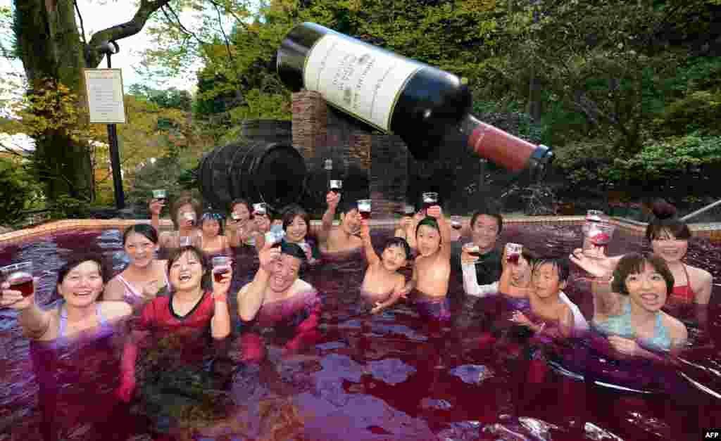 Visitors toast the 2012 Beaujolais Nouveau wine while enjoying the wine spa at the Hakone Yunessun spa resort facilities, some 100 kilometers west of Tokyo. As the new vintage of Beaujolais Nouveau is officially uncorked, Hakone Yunessun started its annual 16-day Beaujolais Nouveau spa to attract visitors. (AFP/Toshifumi Kitamura)