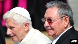 Cuban President Raul Castro (right) with Pope Benedict XVI upon the latter's arrival in Cuba on March 26.