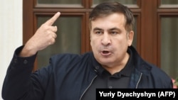 Former Georgian President Mikheil Saakashvili speaks to the media in the western city of Lviv on September 12.