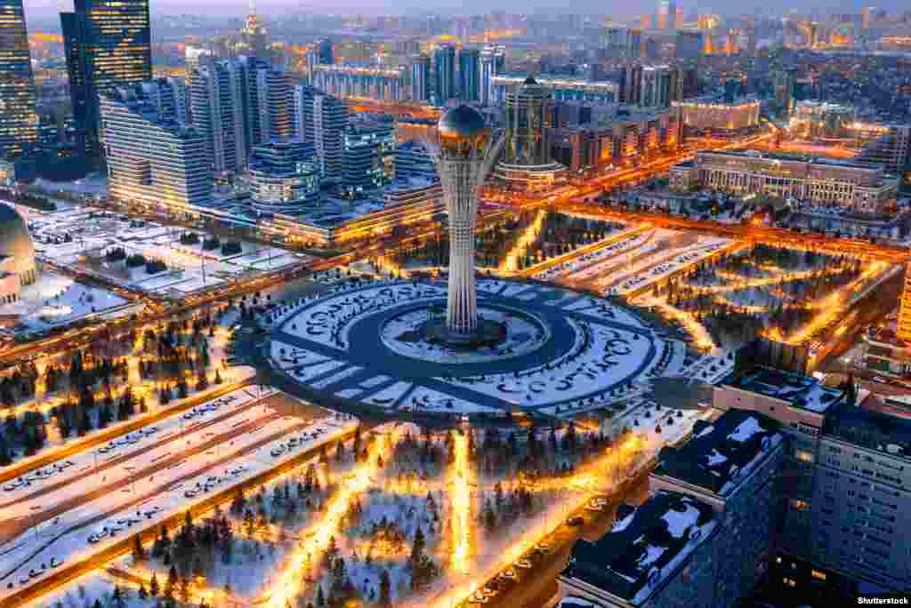 The Baiterek Tower, representing a Kazakh folktale about a bird that lays a golden egg in the branches of a poplar tree.