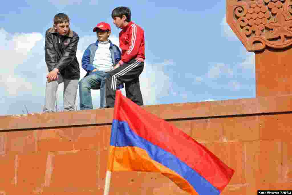 Armenian children attend a rally with various party leaders ahead of parliamentary elections scheduled for May 6.