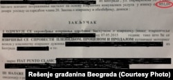 Rešenje o zapleni automobila zbog duga za komunalne usluge od osam evra