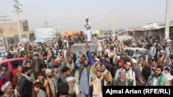Kunduz residents protest on November 3 against an air strike that they say caused civilian casualties.