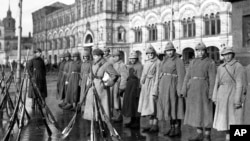 Members of Trotsky's Red Army stand on guard duty in Moscow's Red Square in November 1922.