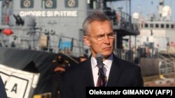 NATO Secretary-General Jens Stoltenberg speaks during a media briefing after his visit to NATO ships in the Ukrainian Black Sea port of Odesa on October 30. 