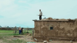 Казахстан. Мужчина стоит на крыше сарая в Балта-Тараке. Восточно-Казахстанская область. 9 июня 2020 года.
