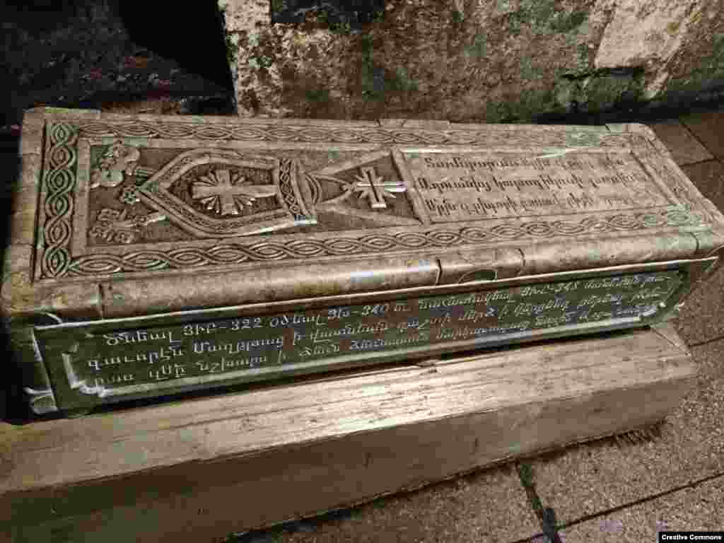 A sarcophagus inside the Amaras monastery that is said to hold the remains of St. Grigoris, the grandson of the man who converted Armenia&rsquo;s king to Christianity in A.D. 301. The Amaras monastery is believed to have been founded in the 4th century. &nbsp;