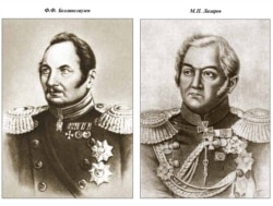 The expedition’s two ships were commanded by Fabian Gottlieb von Bellingshausen (left) and Mikhail Lazarev. Bellingshausen was a Baltic German by birth.