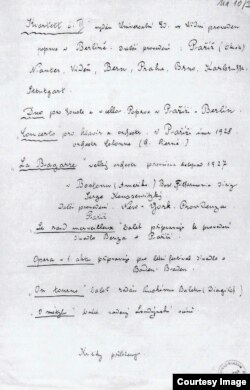 Listă manuscrisă a lucrărilor lui Martinu, aprox. 1928