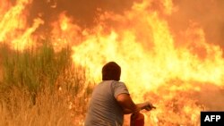 Pamje e një banori lokal në Portugali që përpiqet ta ndalë zjarrin 