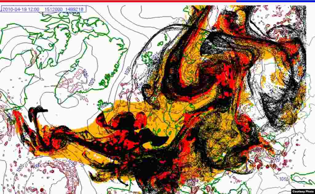 Проектирано движење на исландскиот облак од пепел (19.4. 1200 UTC) - Овие слики покажуваат проекција на движењето на облаците пепел од вулканска ерупција на Исланд низ Европа. Боите на сајтот претставуваат: жолто: пепел што ќе падне сам по себе црвено: пепел што ќе падне од врнежи црна: вистинскиот облак со пепел облак Извор: Норвешки Метеоролошки Институт
