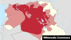 نقشه عراق و سوریه. قرمز پررنگ: در کنترل داعش. قرمز روشن: در برنامه داعش برای تصرف.
