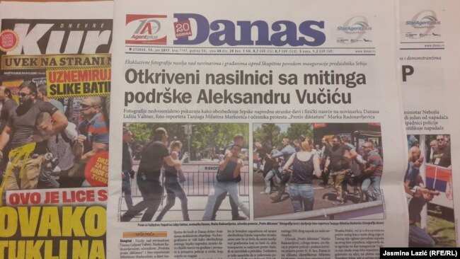 Naslovnice sa fotografijama napada na novinare na skupu tokom polaganja predsedničke zakletve Aleksandra Vučića
